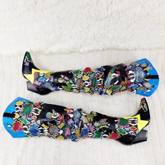 Kelsey / Hilda Western Thigh high slouch cowboy boots Multi Color Snake - Picture 7 of 12